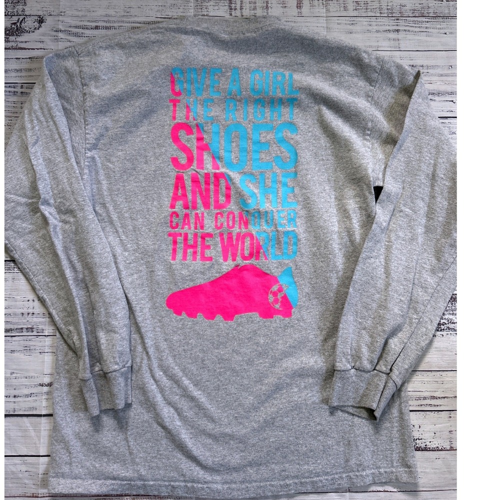 SoccerGirlProbs Long Sleeve Tee Women Gray Graphic Quote Cleat Size M